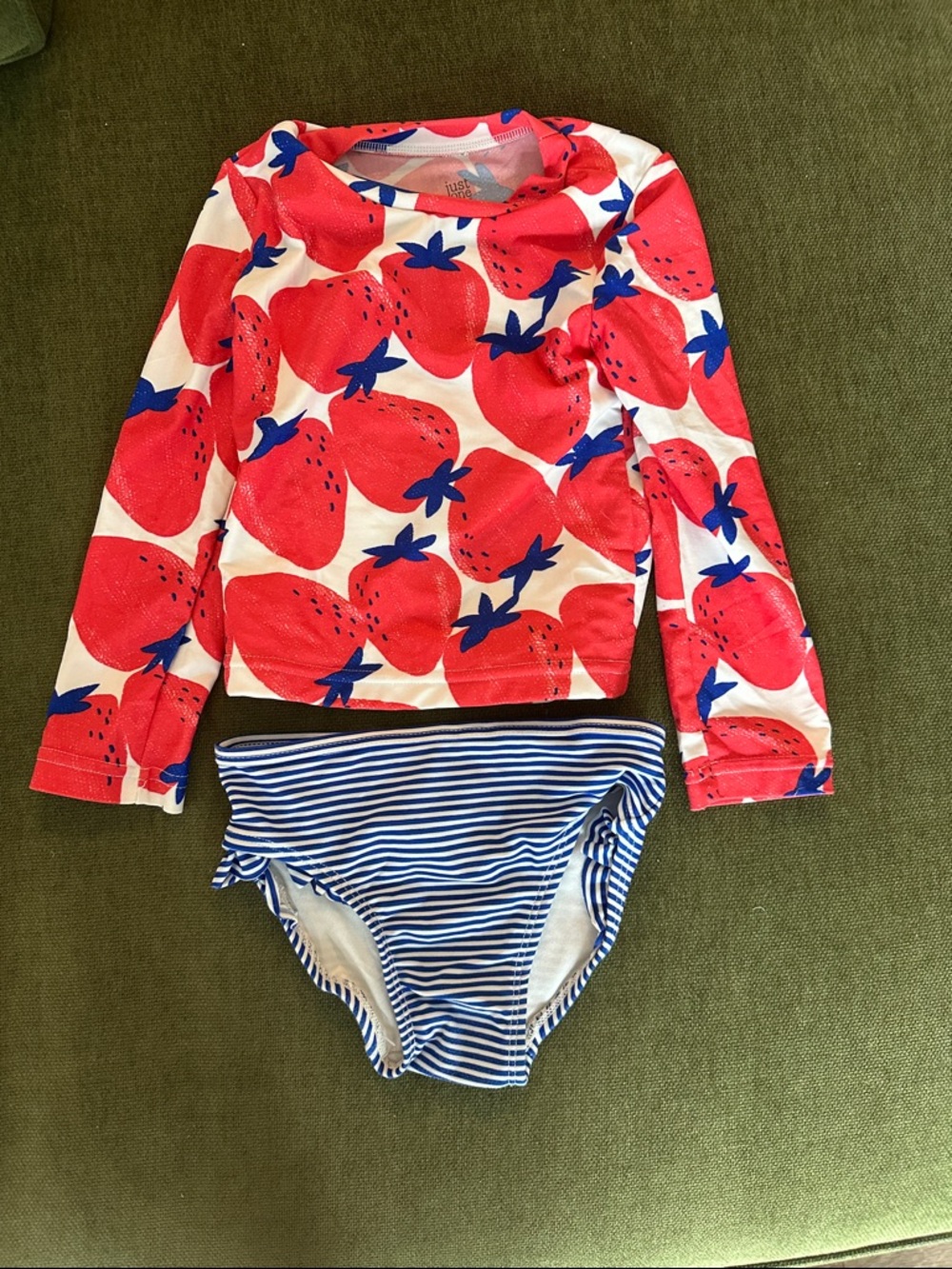 Girls Red Strawberry Print Long-Sleeve Rash Guard Set with Blue Striped Bottoms